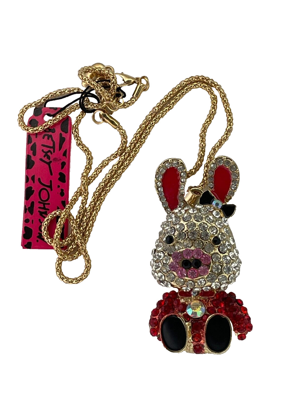 Betsey Johnson Rhinestone Pig Pendant Necklace Gold Tone Crystal Cute Kitsch